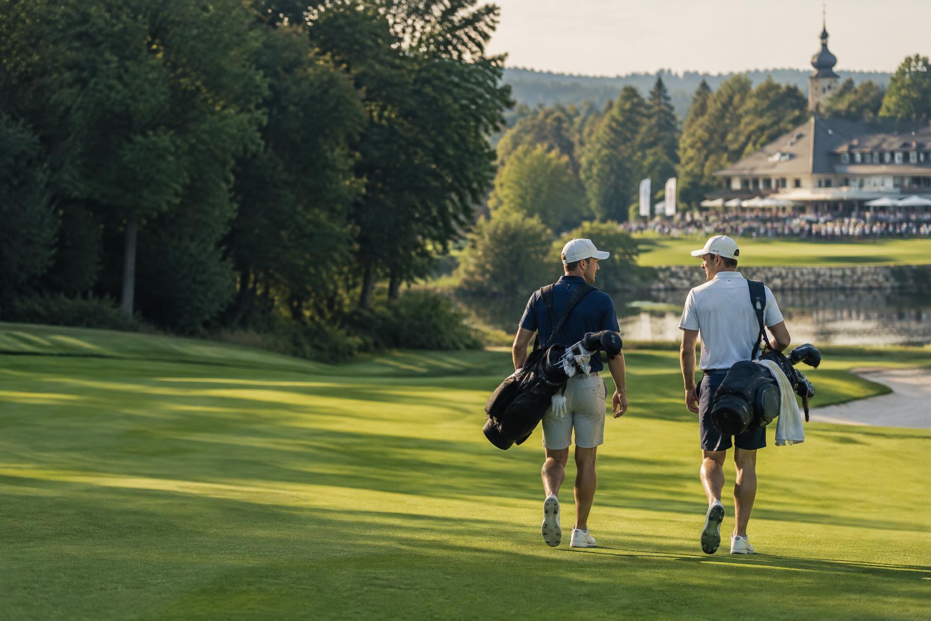 Two golf partners walking the course together