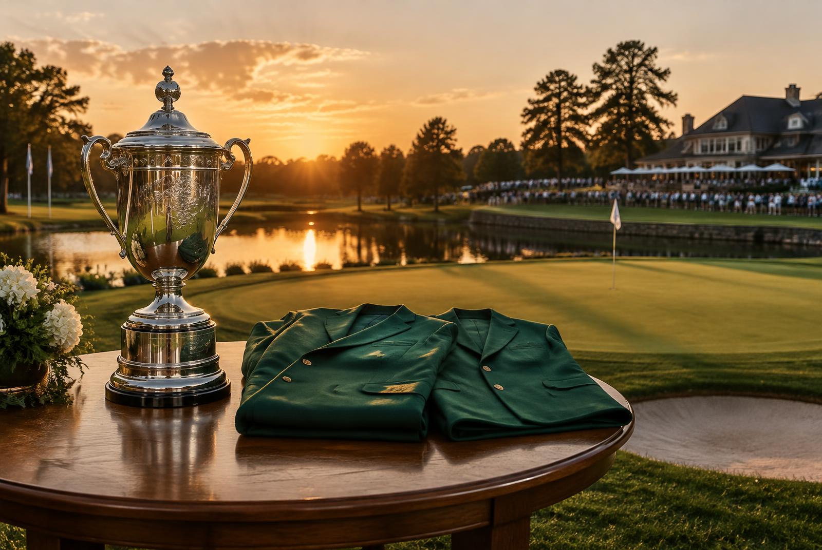 Championship trophy and green champions jackets